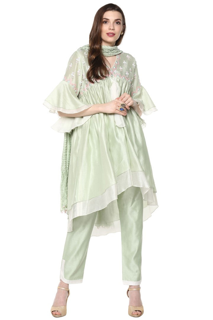 Green Double Layer Kurta Set for women Chanderi fabric hand embroidery