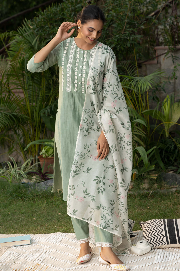 green monsoon print kurta set silk mul thread embroidery