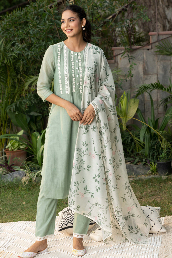 green monsoon print kurta set silk mul thread embroidery