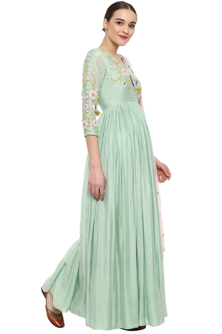 Green Rouched Anarkali modal silk chiffon kurta sets for women