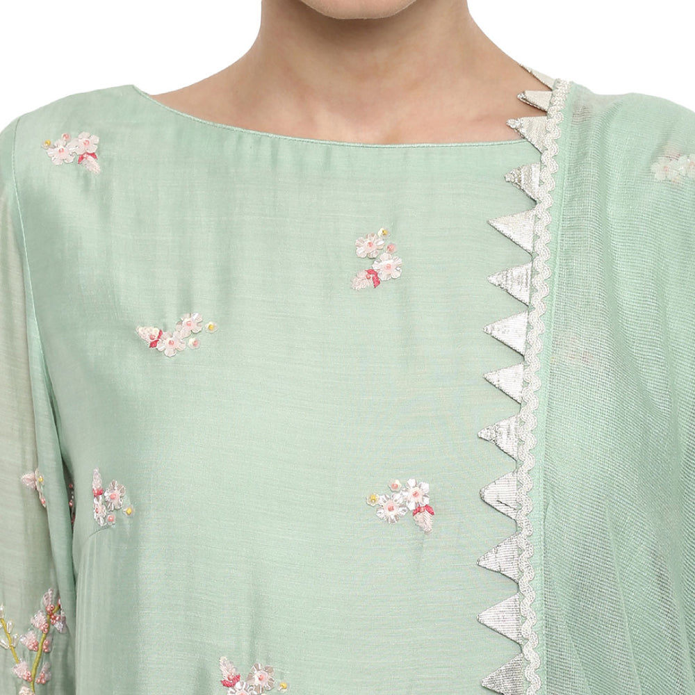 Green Singing Bird Kurta Set For Women in Modal Silk Net Fabric