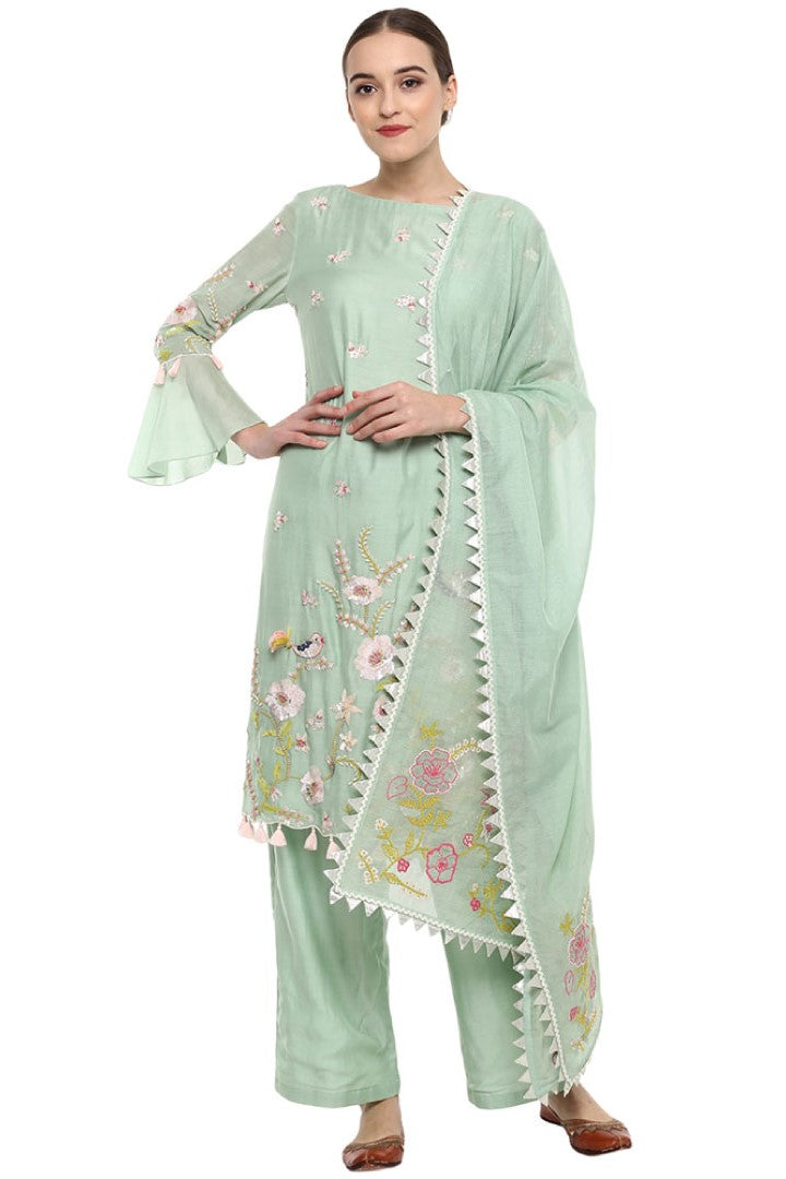 Green Singing Bird Kurta Set For Women in Modal Silk Net Fabric