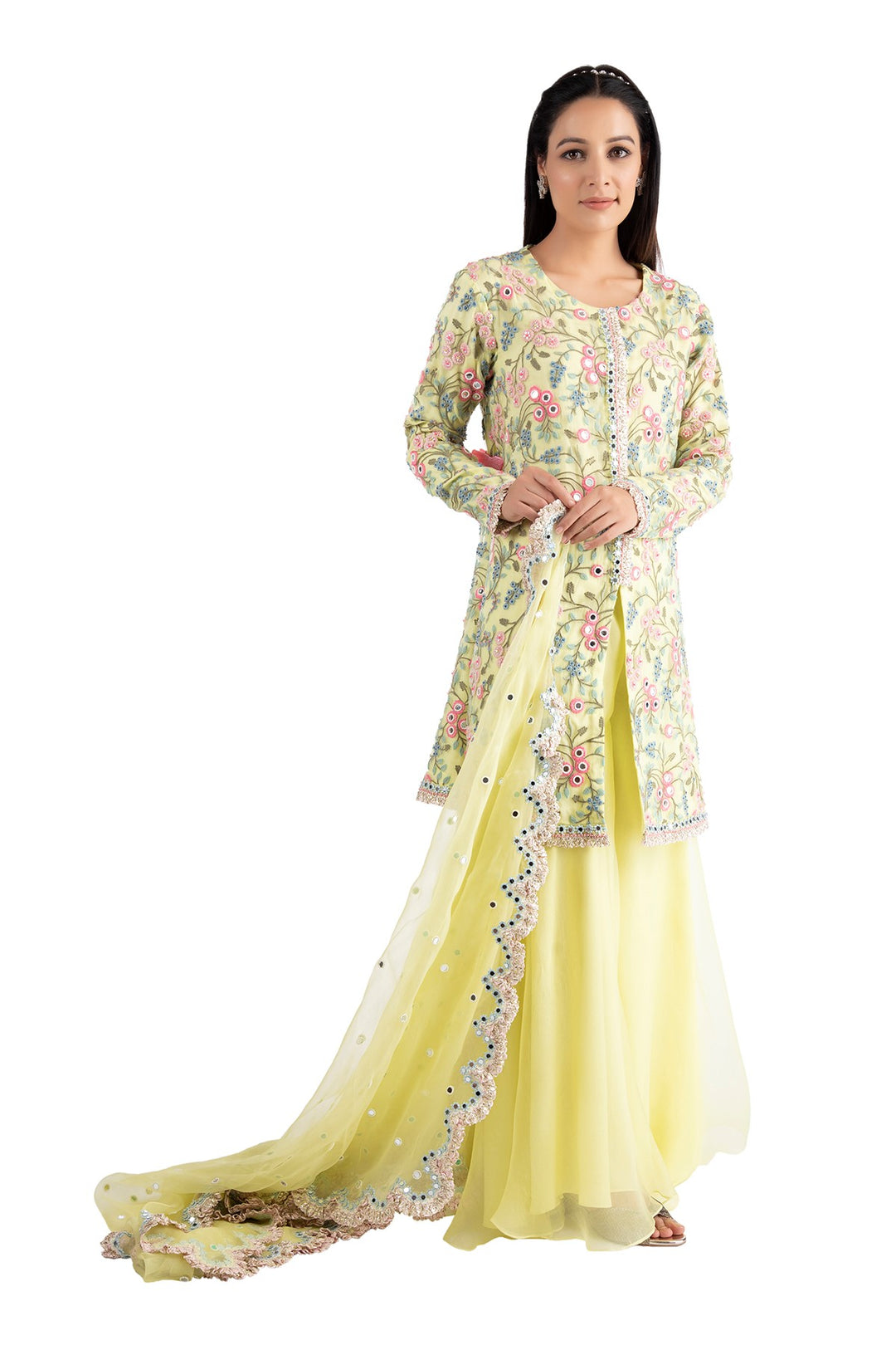 Lime Garden Sharara Set With Jacket organza fabric embroidery vibrant lime color