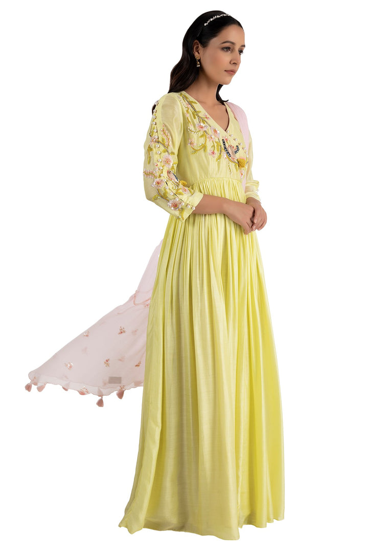 Lime Singing Bird Rouched Anarkali set for women in modal silk chiffon fabric