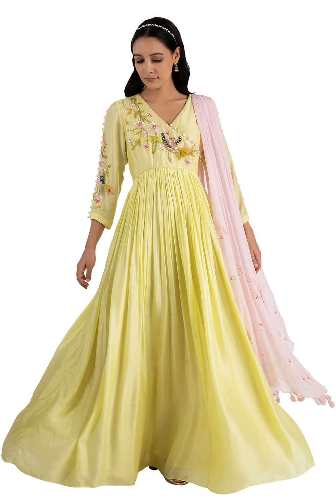 Lime Singing Bird Rouched Anarkali set for women in modal silk chiffon fabric