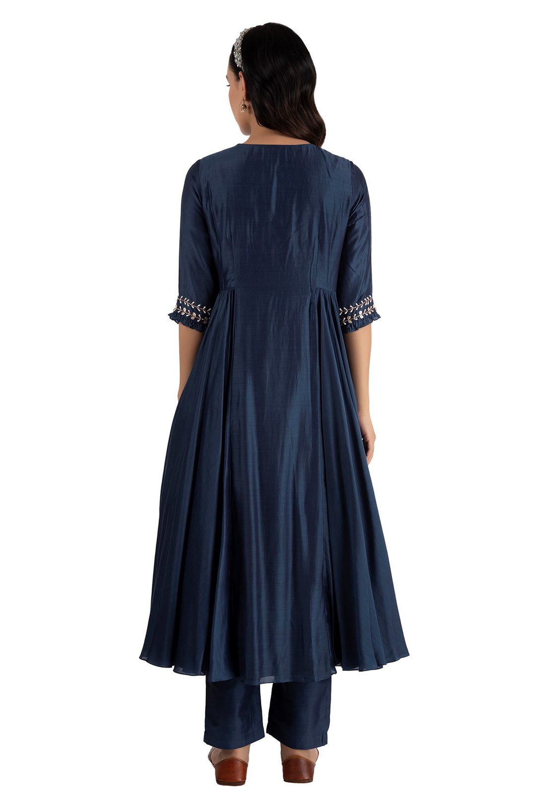 Navy Circle Yoke Kurta Set for women in modal silk net fabric back view