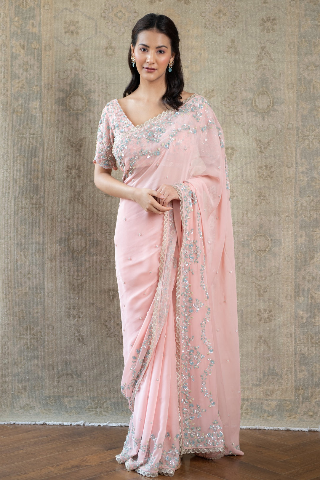 Peach Persian Double Scallop Georgette Saree with Embroidered Blouse