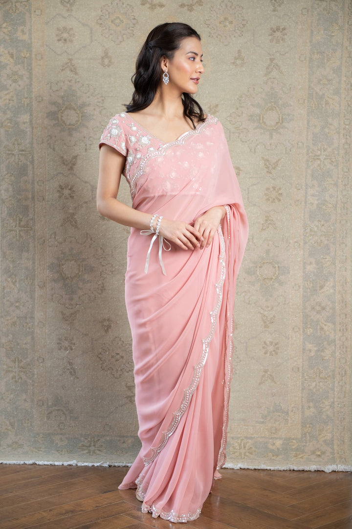 Peach Sequin Scallop Georgette Saree with Hand-Embroidered Blouse