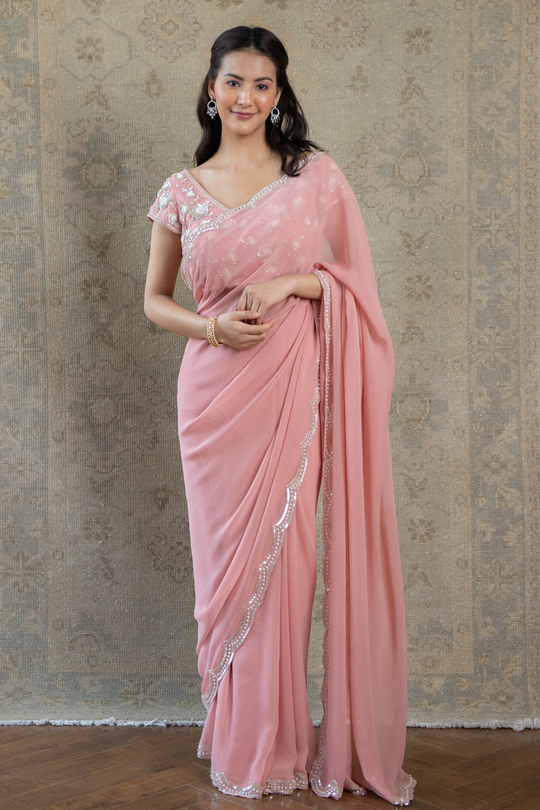 Peach Sequin Scallop Georgette Saree with Hand-Embroidered Blouse
