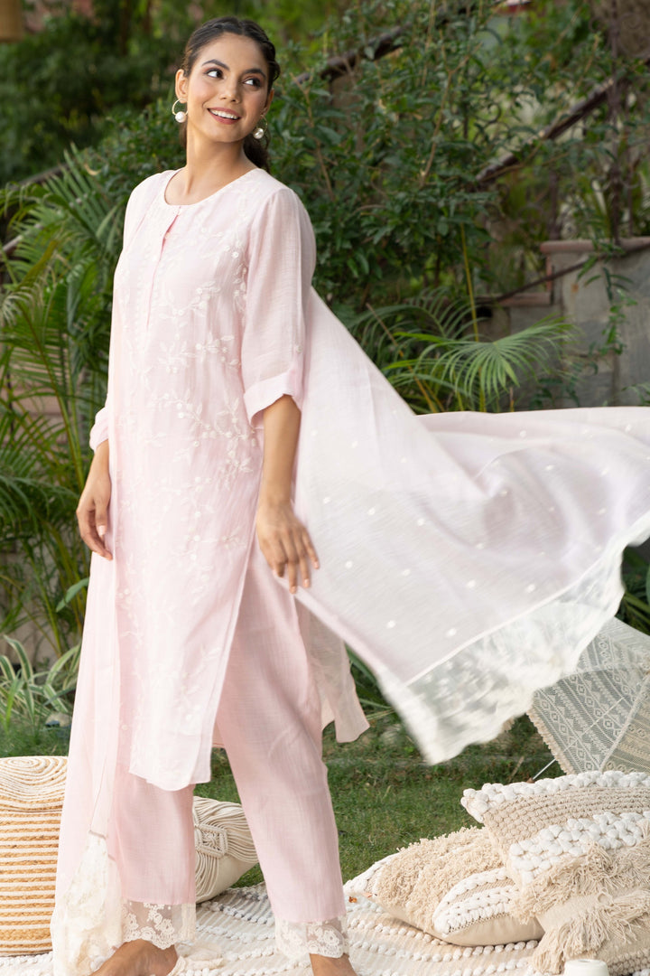 Pink Ambar Chikan Kurta Set Silk Mul Thread Embroidery