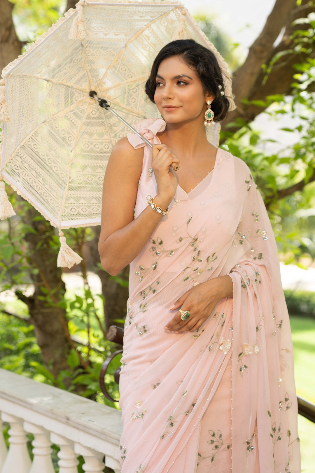 Pink Ambar Jaal Chiffon Saree with Sequin Embroidery and Blouse