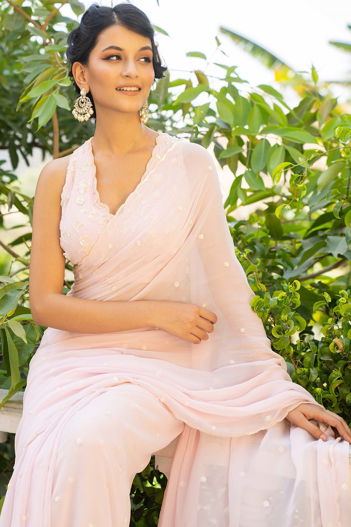 Pink Ambar Scallop Georgette Saree with Embroidered Blouse