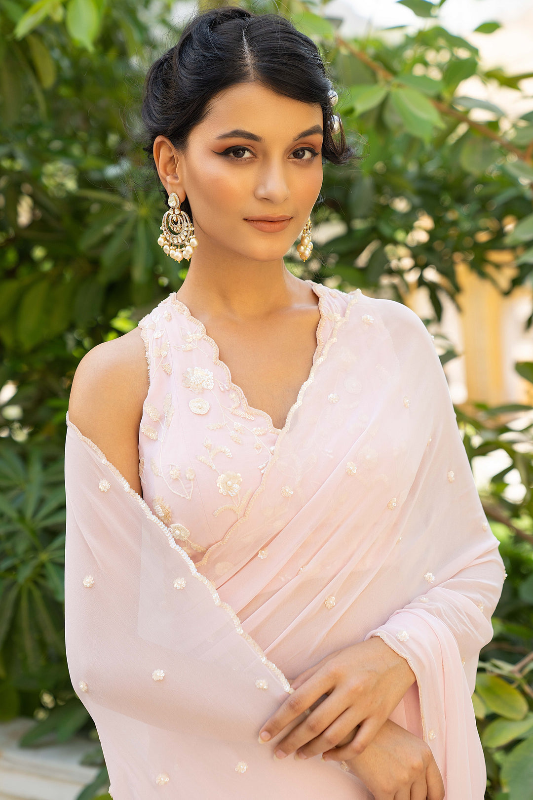 Pink Ambar Scallop Georgette Saree with Embroidered Blouse