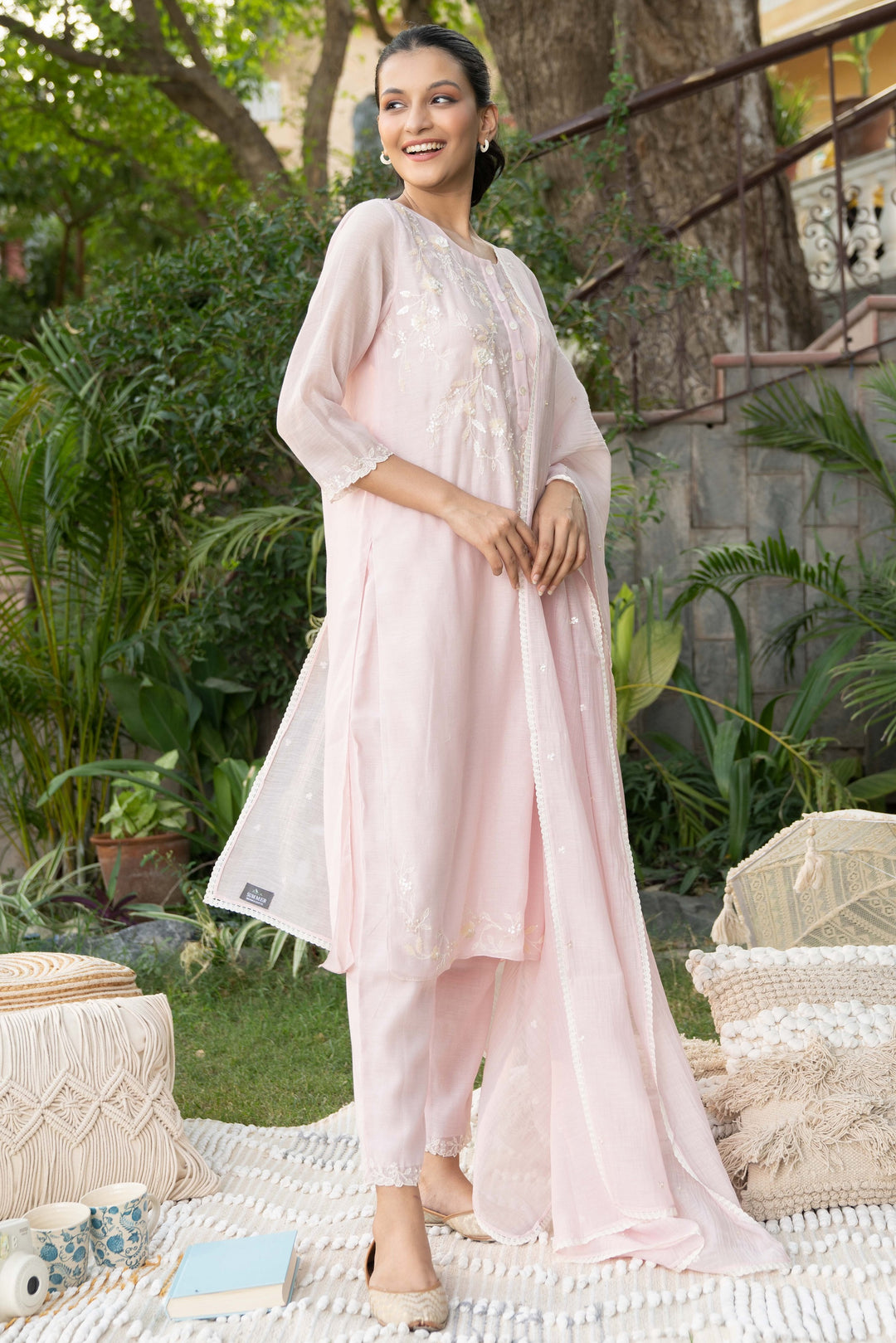 Pink Ambar Sequin Kurta Set For Women Silk Mul Hand Embroidery