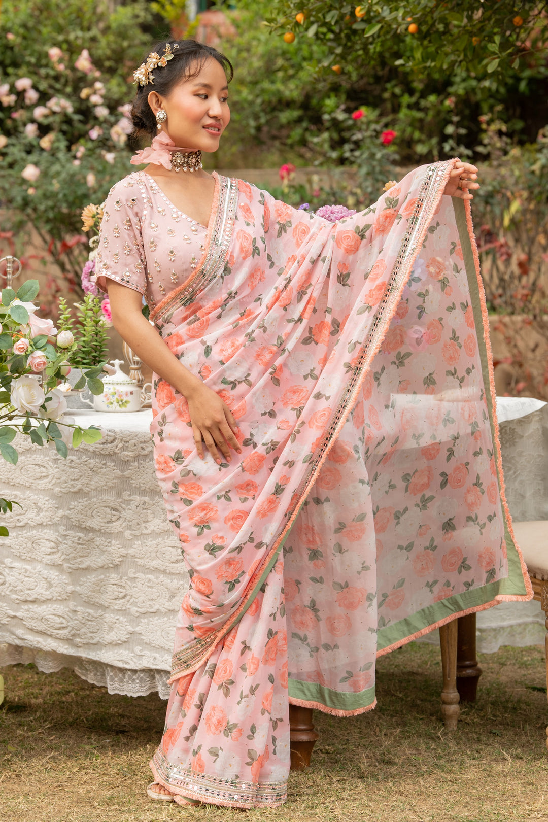 Pink Citrus Rose Mirror Border Georgette Saree with Embroidered Blouse
