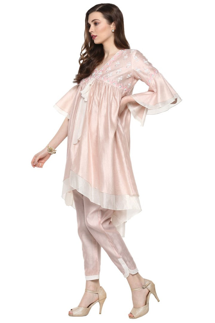 Pink Double Layer Kurta Set for women Chanderi Fabric