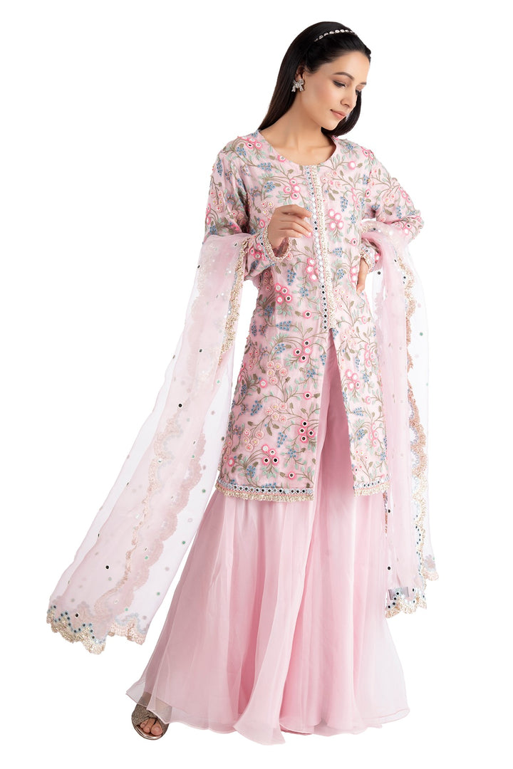 Pink Garden Sharara Set With Jacket