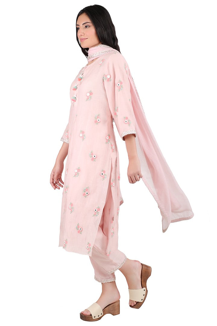 Pink Neon Flower Kurta Set for women in Silk Mul fabric