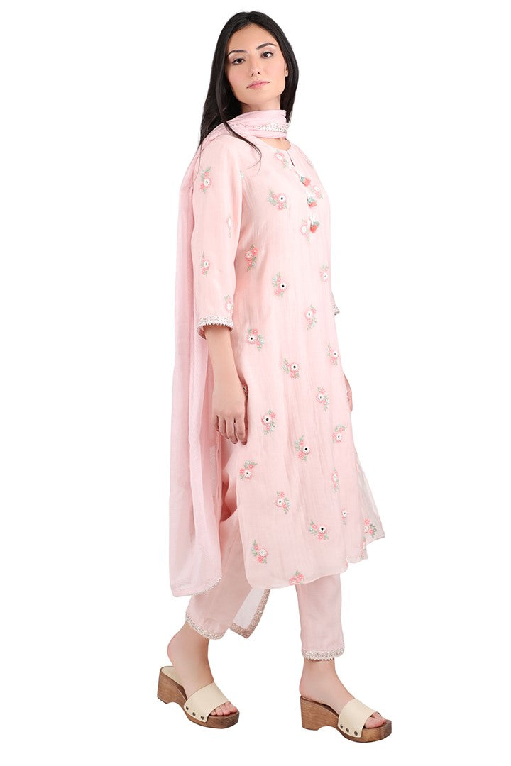 Pink Neon Flower Kurta Set for women in Silk Mul fabric