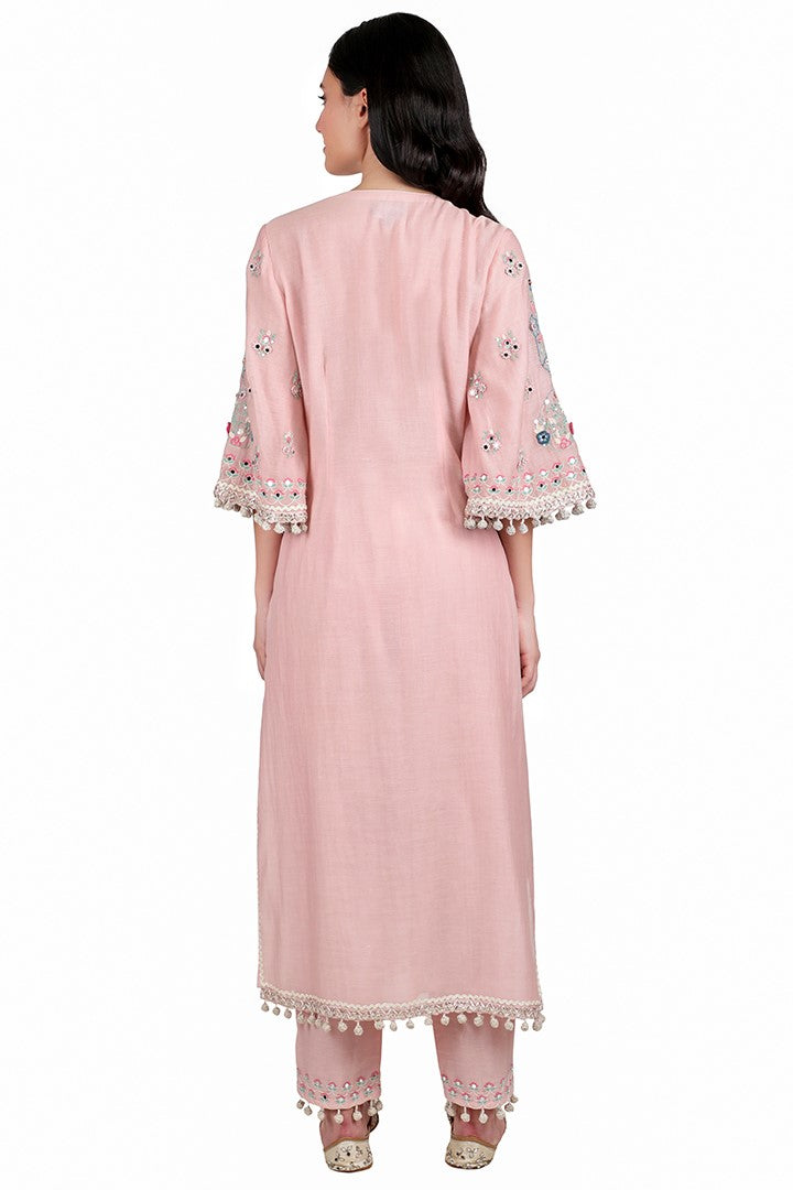 Back View of Pink Raqeeb Kurta Set for women in Silk Mul fabric