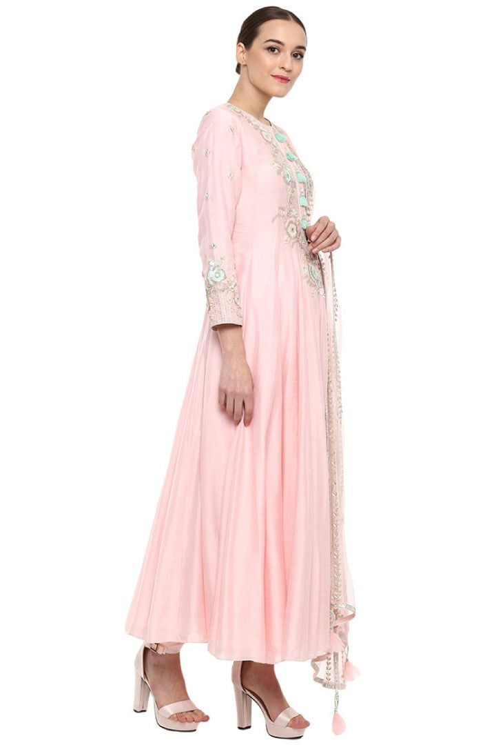 Pink Sequin Anarkali Modal Silk Net