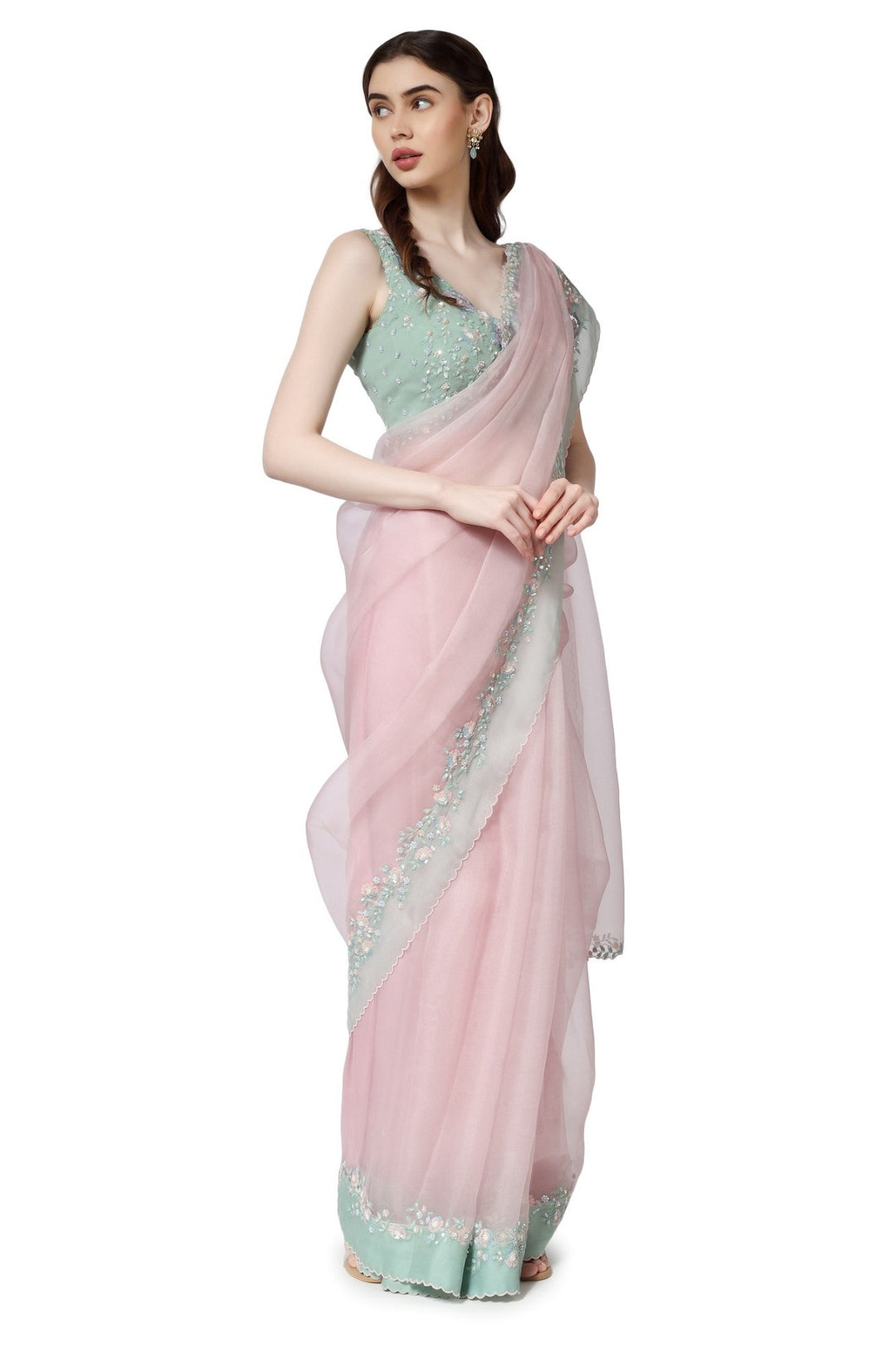 Pink Winter Garden Patch Saree With Georgette Embroidered Blouse