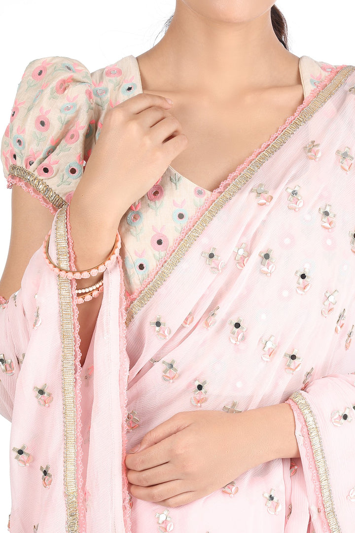 Pink XOXO Chiffon Saree with Chanderi Embroidered Blouse