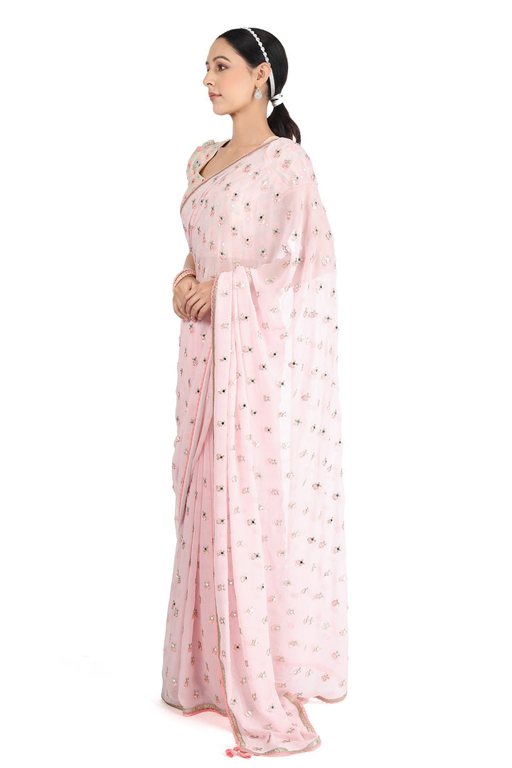 Pink XOXO Chiffon Saree with Chanderi Embroidered Blouse