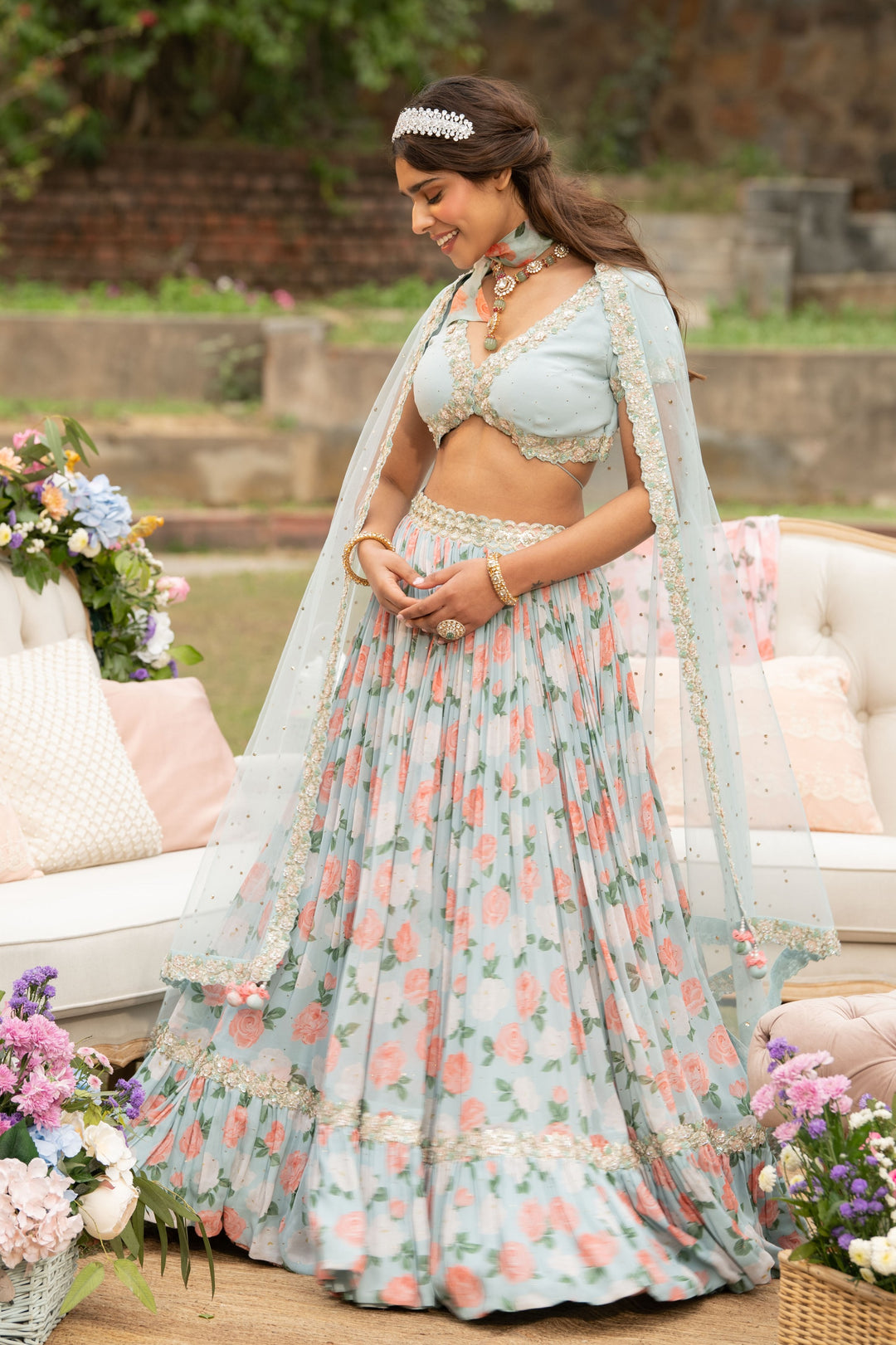 Buy Blue Citrus Rose Lehenga Online Summer by Priyanka Gupta