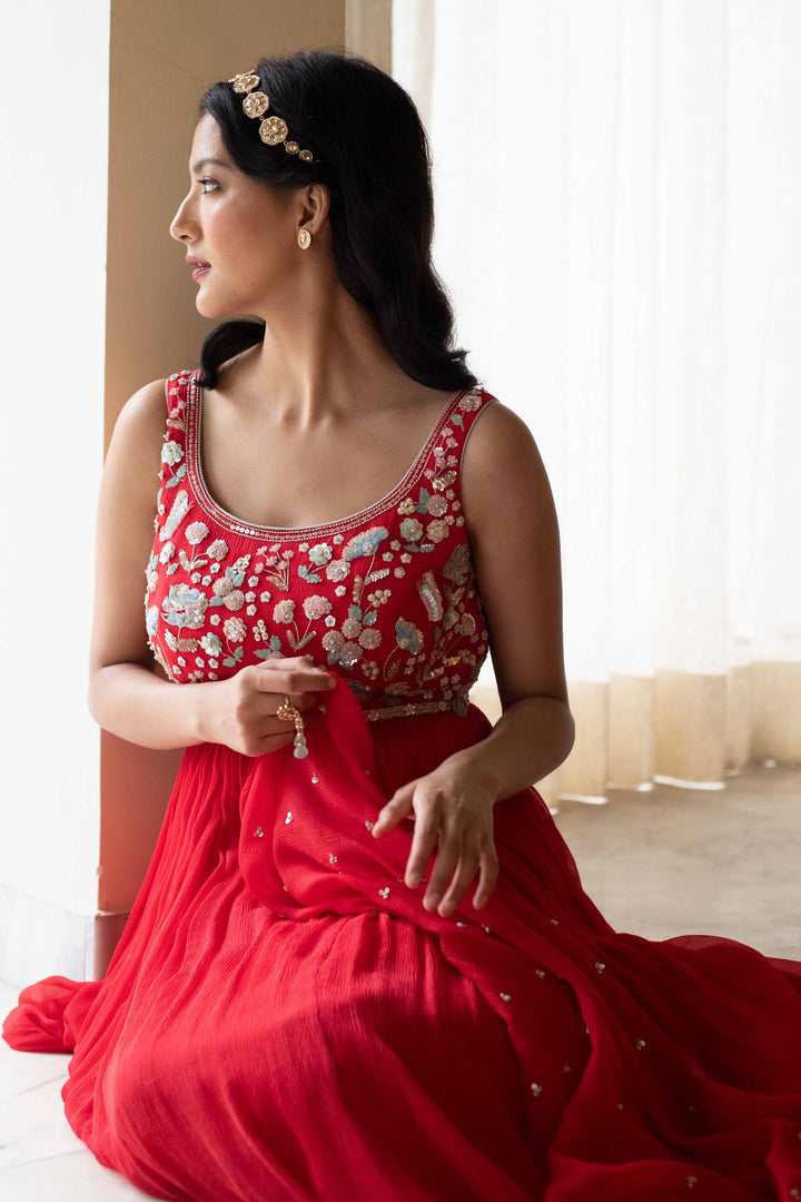 Red Persian Anarkali chiffon dress for women with chiffon dupatta belt