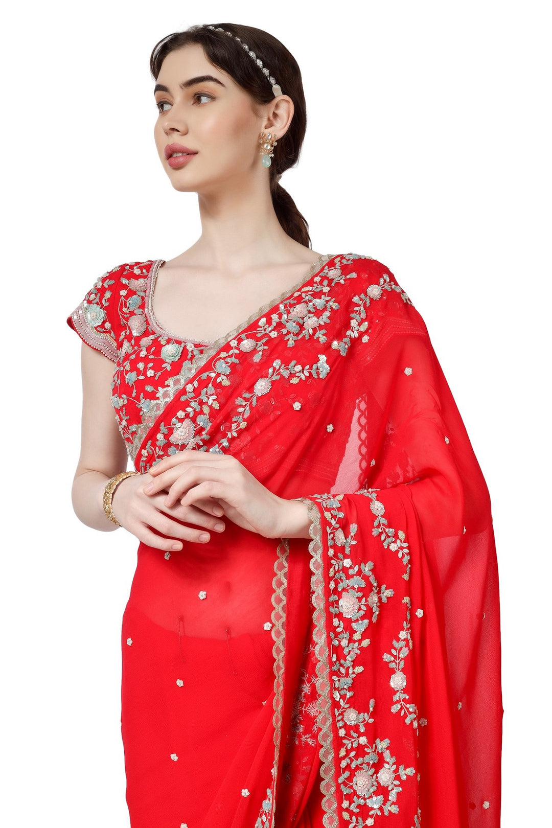 Red Persian Double Scallop Georgette Saree with Embroidered Blouse