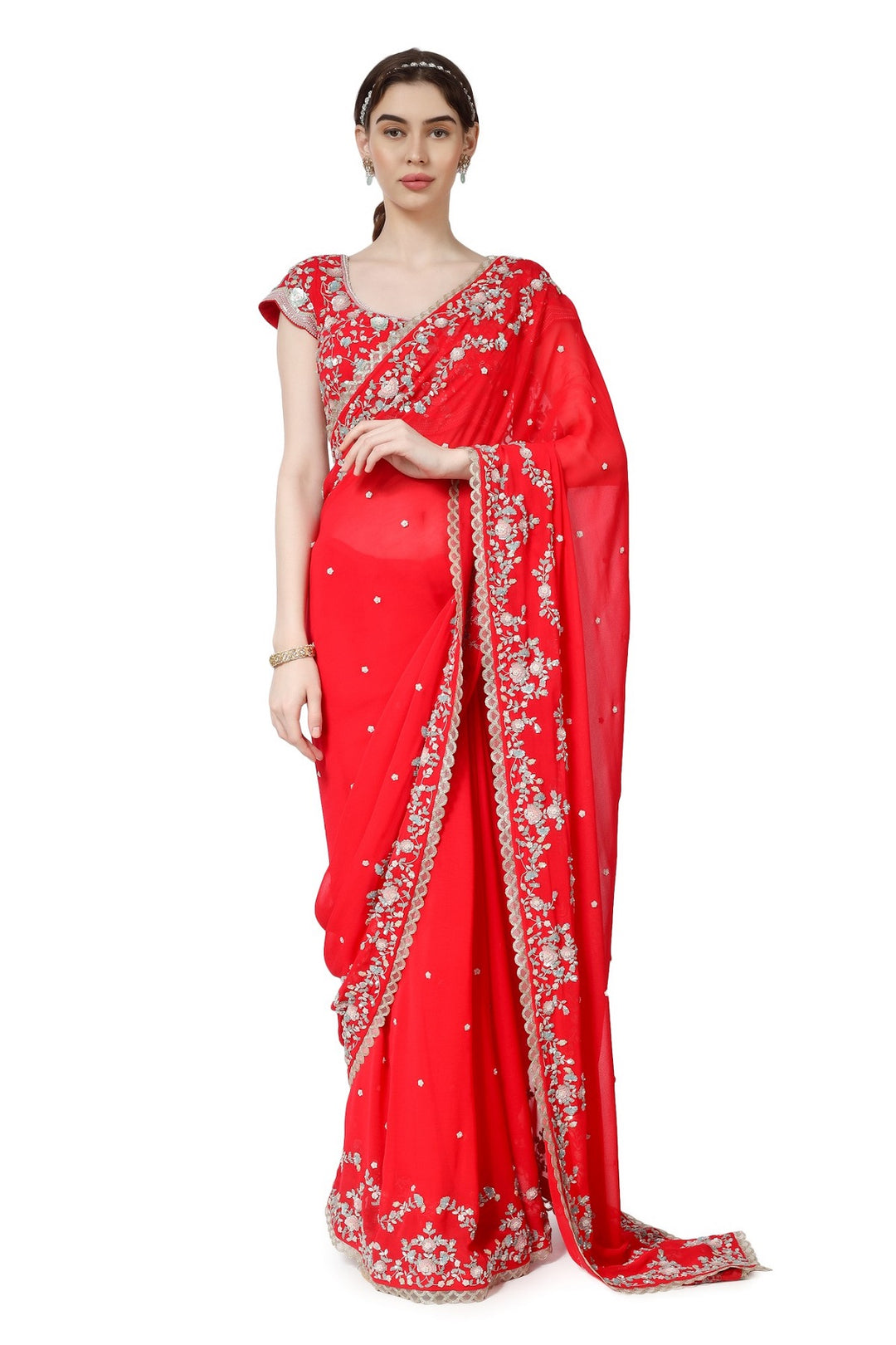 Red Persian Double Scallop Georgette Saree with Embroidered Blouse