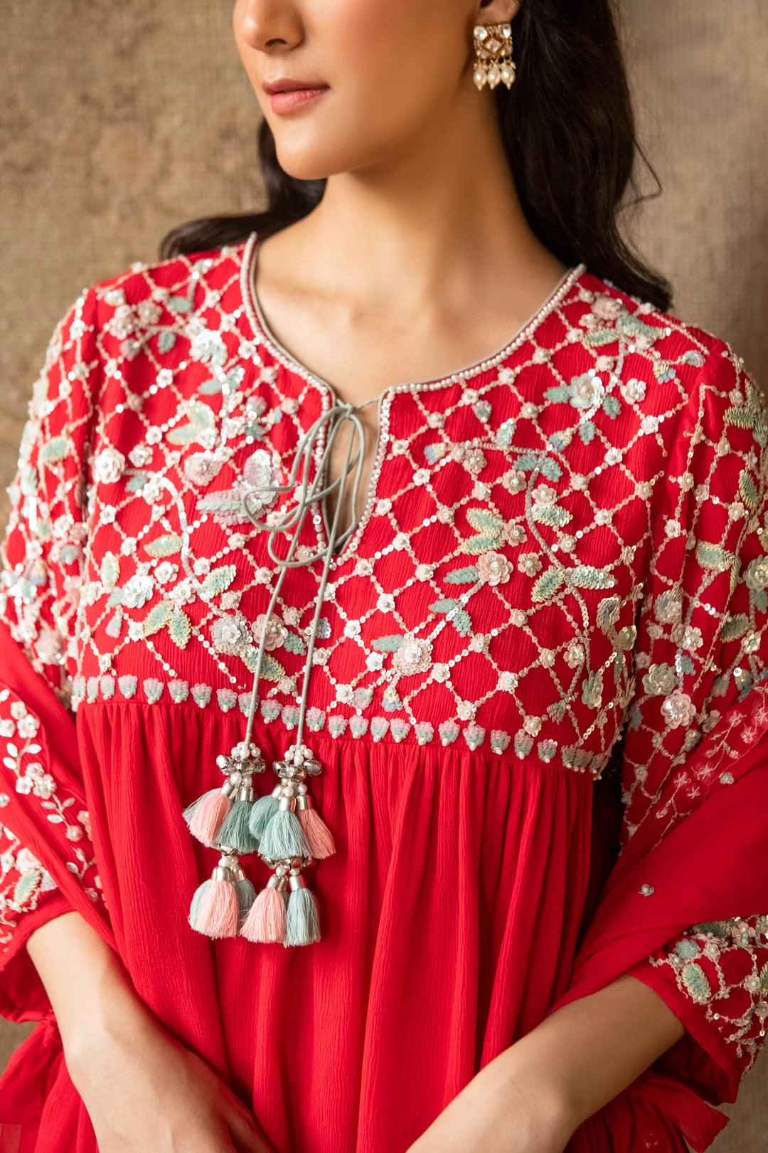 Red Persian Garara Set Hand Embroidered Chiffon Top Garara Dupatta