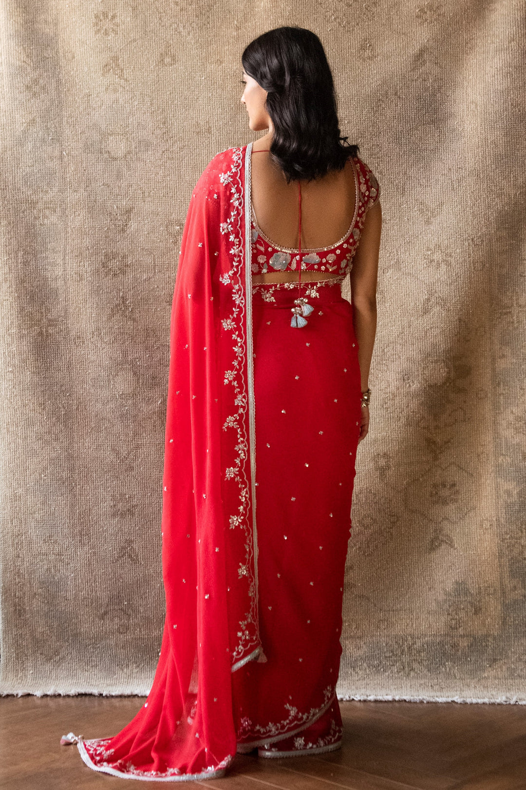 Red Persian Garden Chiffon Saree with Embroidered Blouse