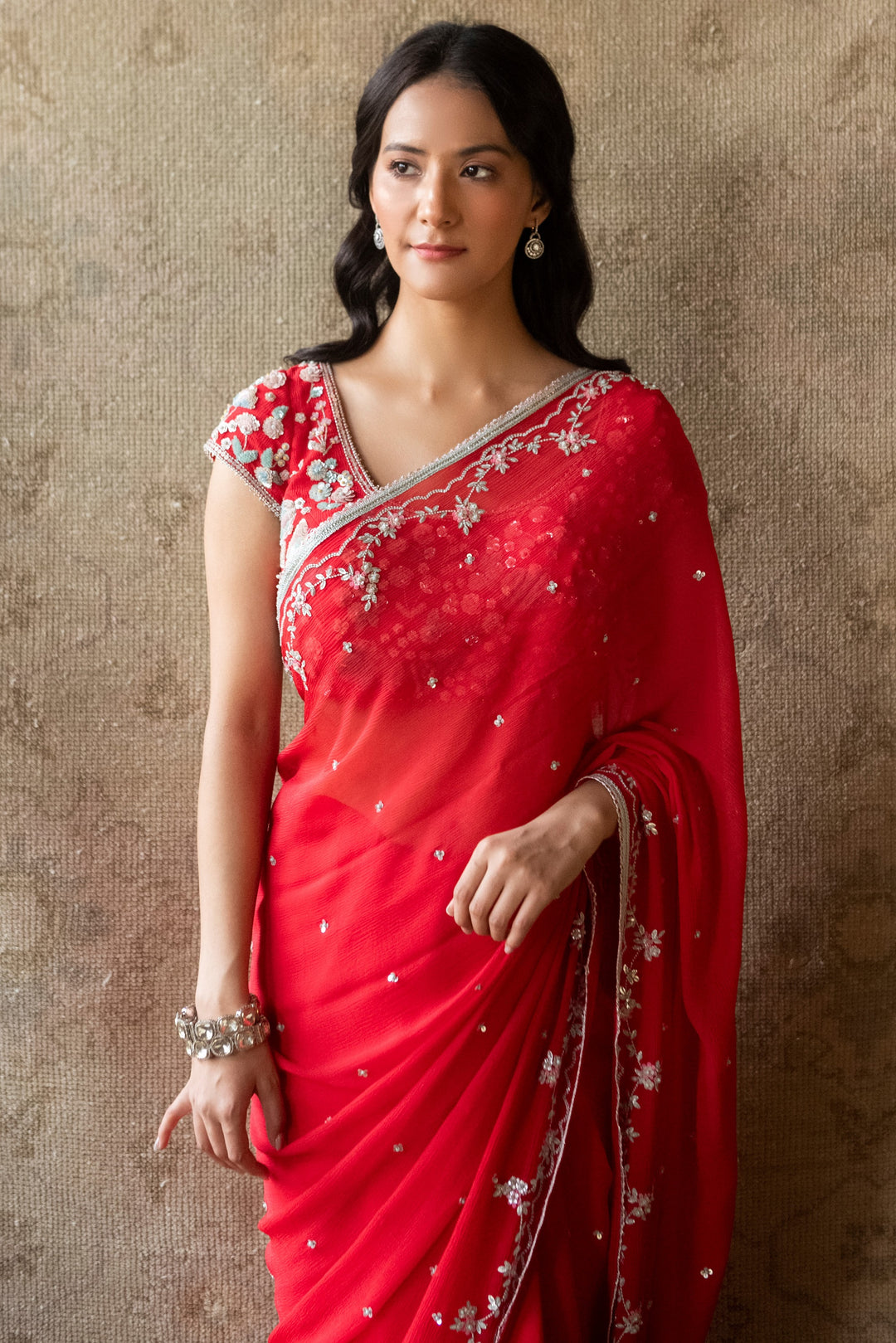Red Persian Garden Chiffon Saree with Embroidered Blouse