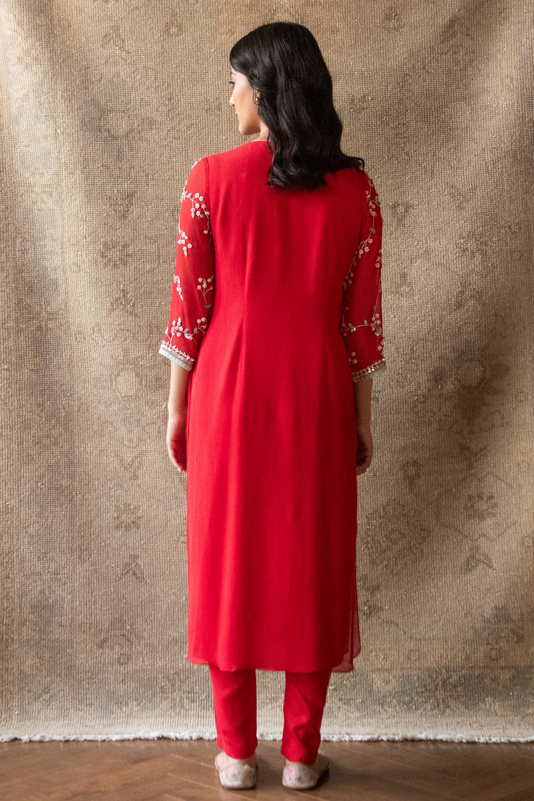 Red Persian Straight Kurta Set Hand Embroidered Chiffon Kurta Modal Cotton Pants Chiffon Dupatta back view