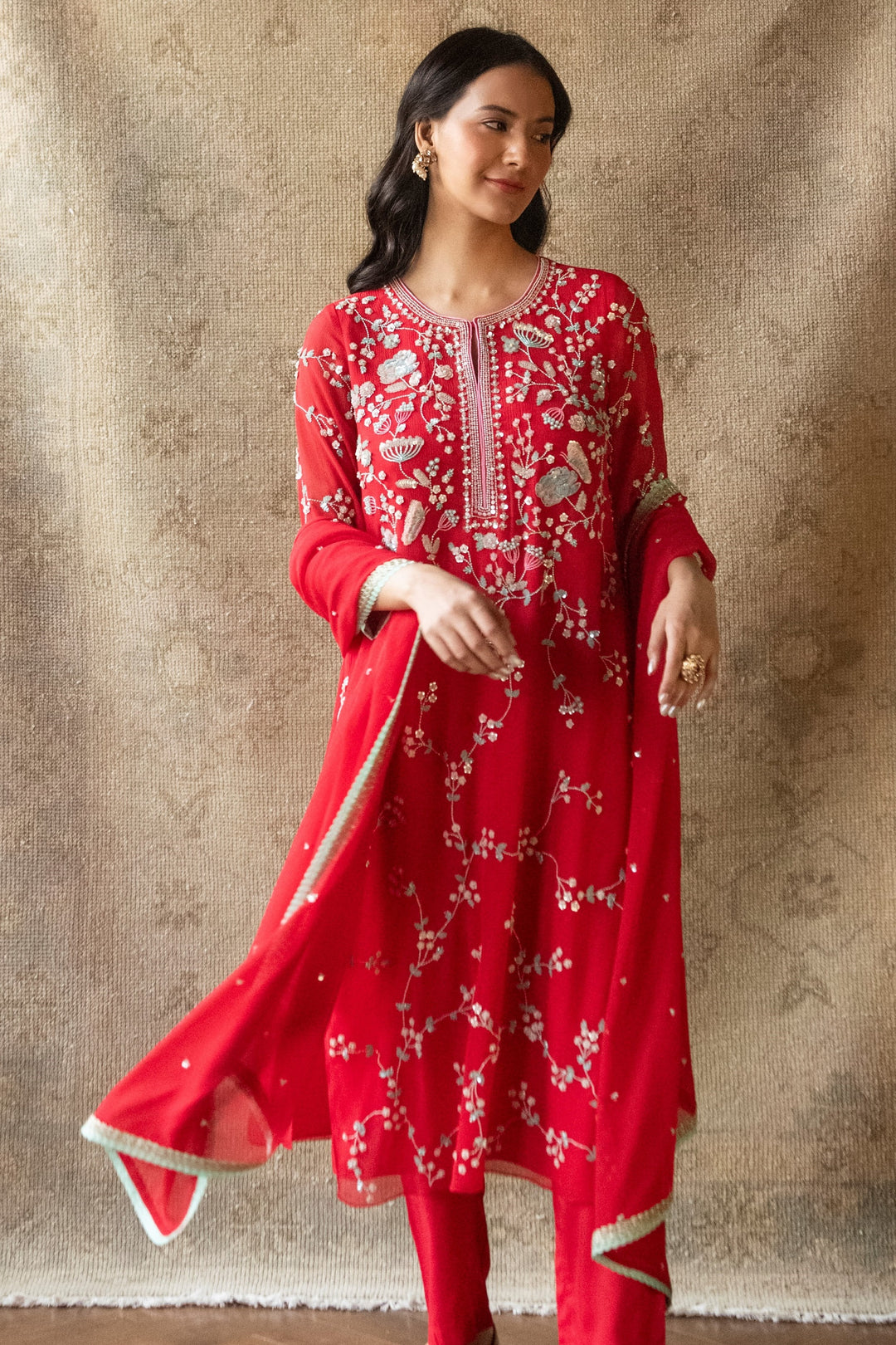 Red Persian Straight Kurta Set Hand Embroidered Chiffon Kurta Modal Cotton Pants Chiffon Dupatta