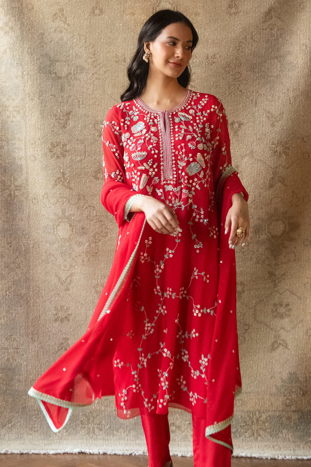 Red Persian Straight Kurta Set