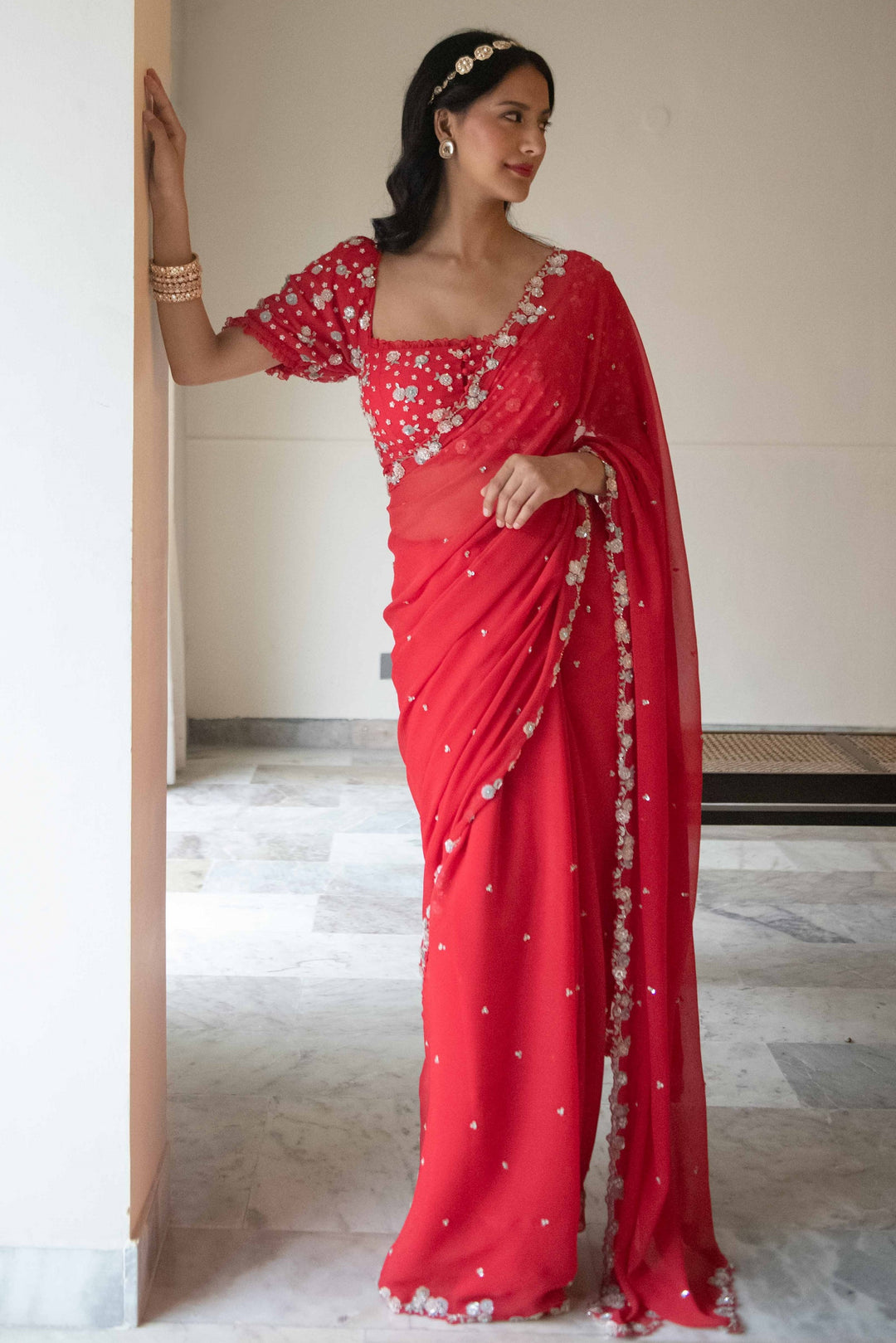 Red Sequin Scallop Chiffon Saree with Hand-Embroidered Blouse