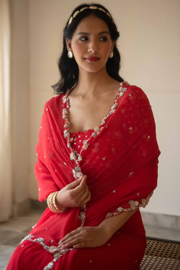Red Sequin Scallop Chiffon Saree with Hand-Embroidered Blouse