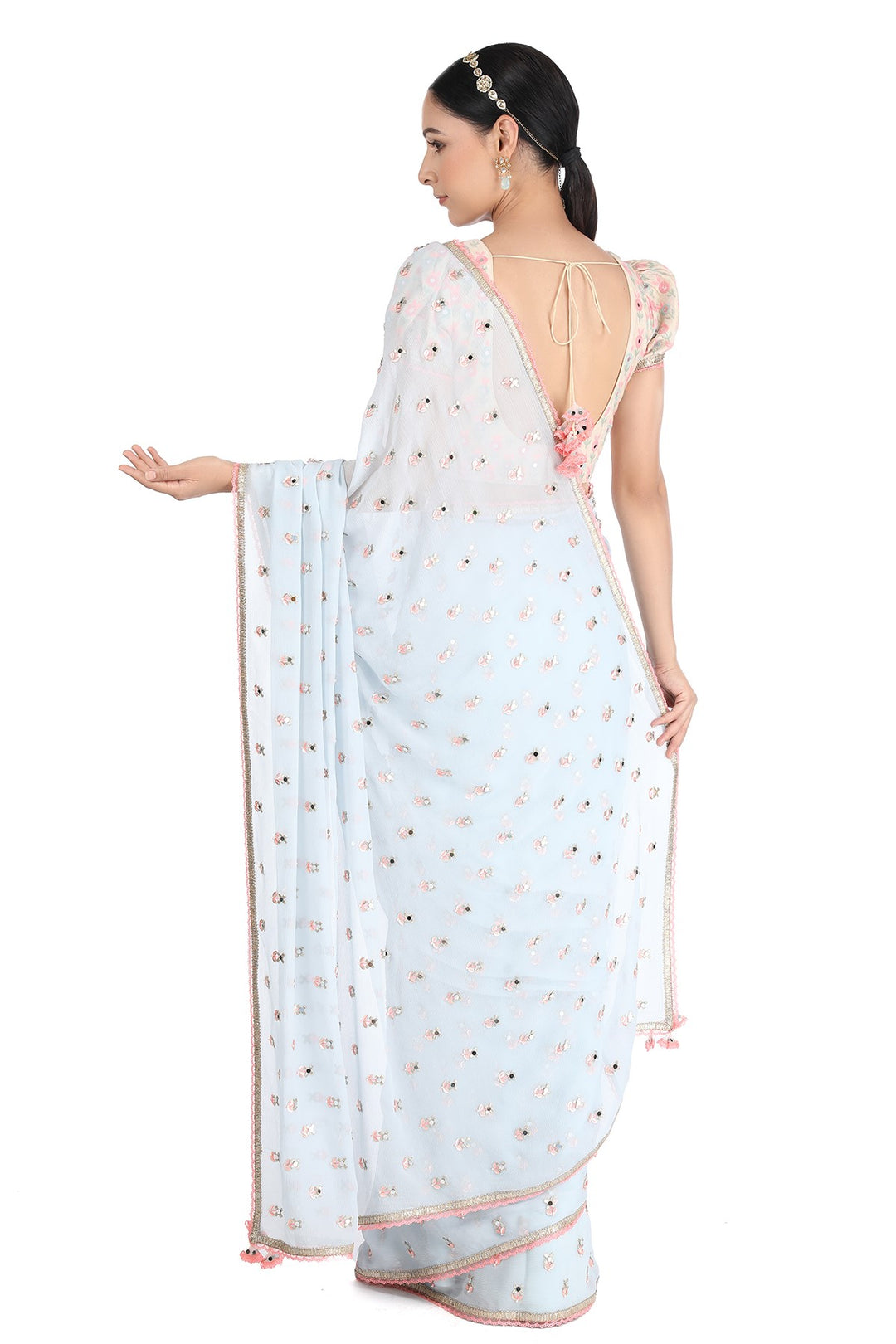 Teal XOXO Chiffon Saree with Chanderi Embroidered Blouse