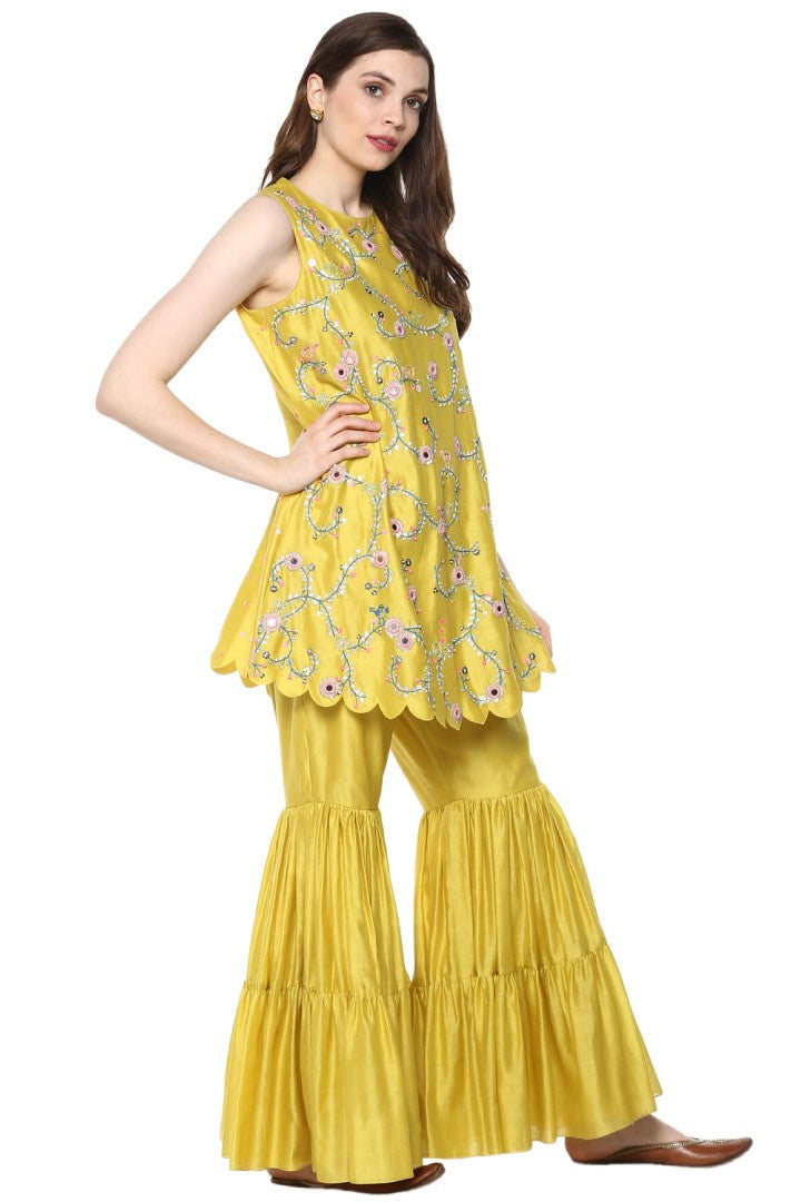 Yellow Bird Story Sharara Set for women Chanderi Fabric Embroidery