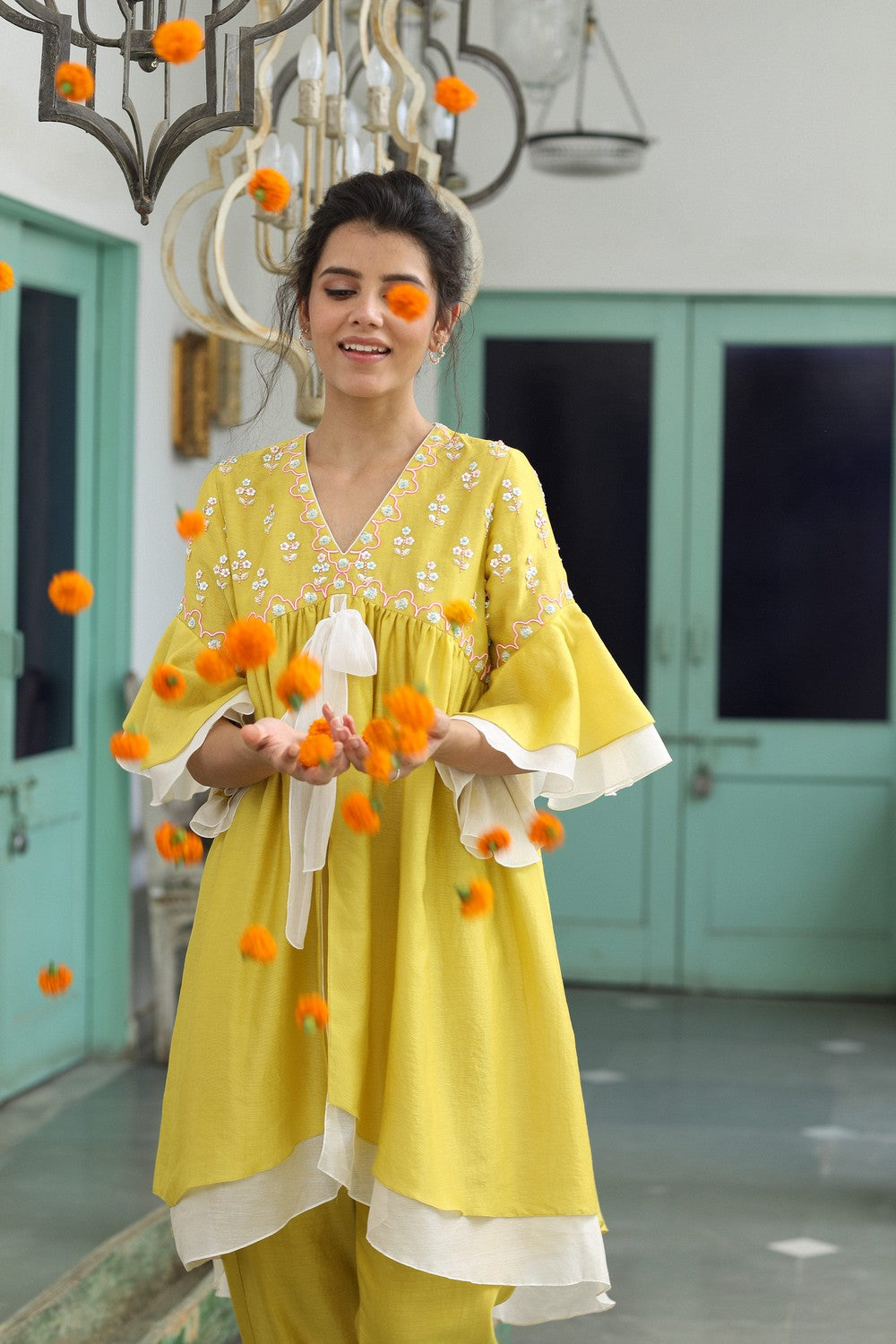 Yellow Double Layer Kurta Set For Women In Chanderi Fabric