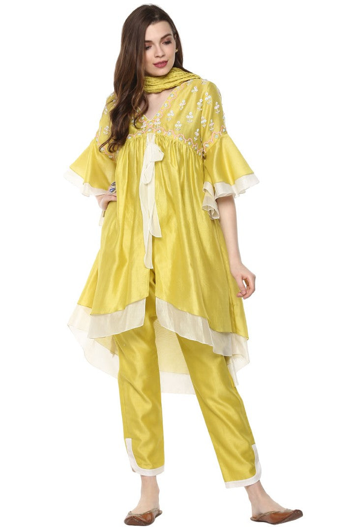 Yellow Double Layer Kurta Set For Women In Chanderi Fabric