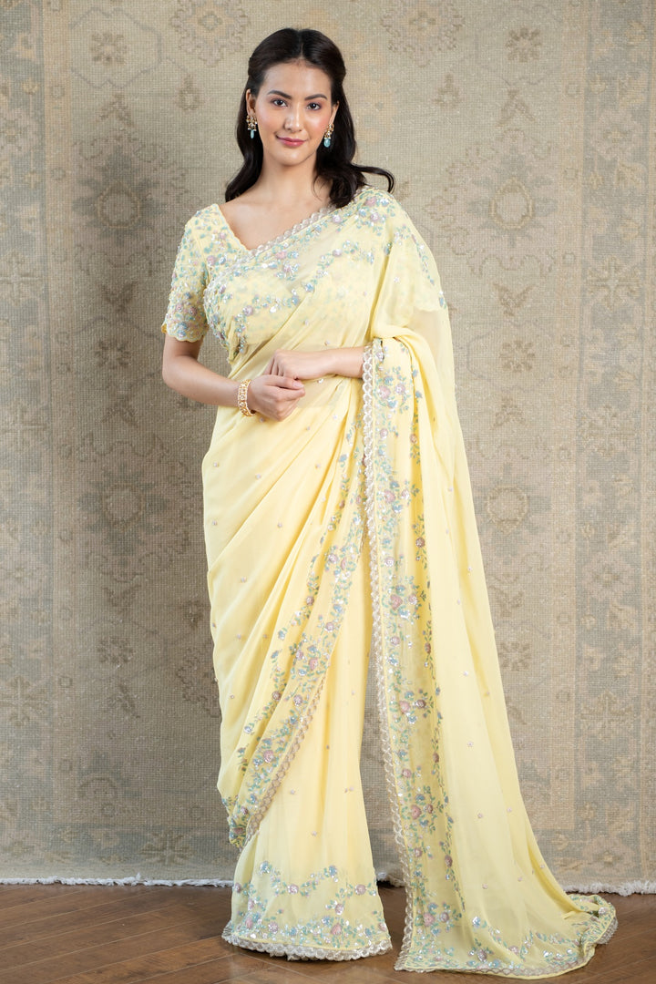 Yellow Persian Double Scallop Georgette Saree with Embroidered Blouse