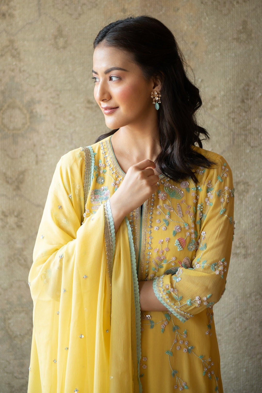 Yellow Persian Straight Kurta Set chiffon hand embroidered sequin beads