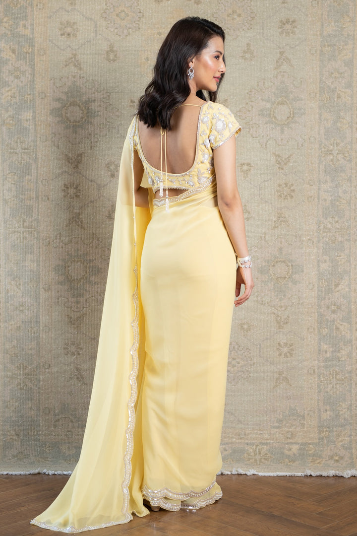 Yellow Sequin Scallop Georgette Saree with Hand Embroidered Blouse
