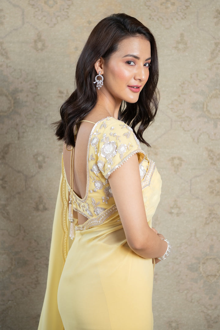 Yellow Sequin Scallop Georgette Saree with Hand-Embroidered Blouse